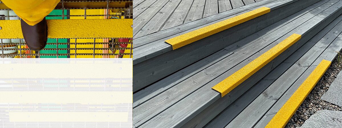 Worker walking on yellow anti-slip stair treads and stair nosings fitted on outdoor wooden steps